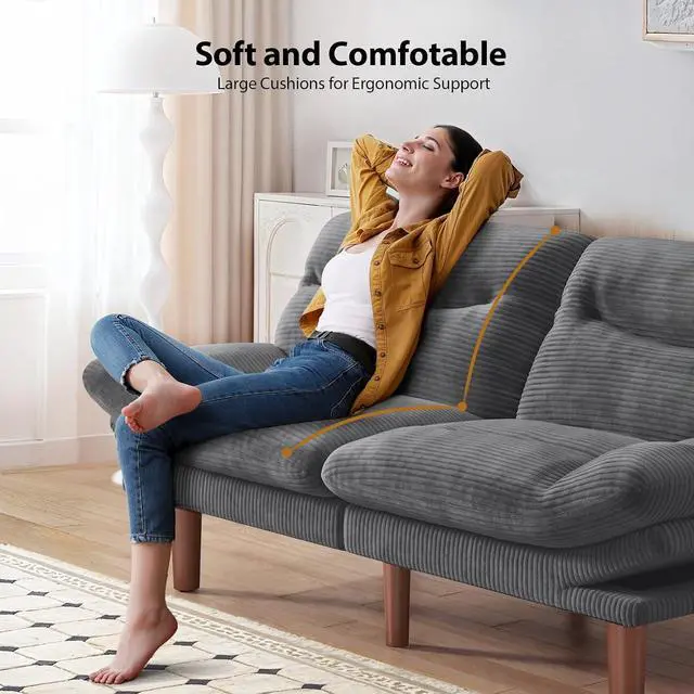 Alt view image 6 of 7 - Pipishell 75" Futon Sofa Bed, Convertible Corduroy Space-Saver Couch with Adjustable Back & Armrests, Recliner Sleeper for Small Apartments, Office, Guest Room (Asphalt Grey)