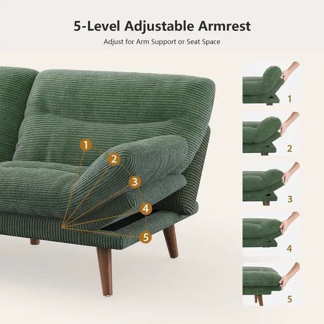 Alt view image 6 of 7 - PERLECARE Convertible Futon Sofa Bed, 73" Corduroy Futon Couch with Adjustable Backrest and Armrests, 3-in-1Recliner Sleeper Sofa for Small Spaces, Play Room,Living Room or Office73in,Green