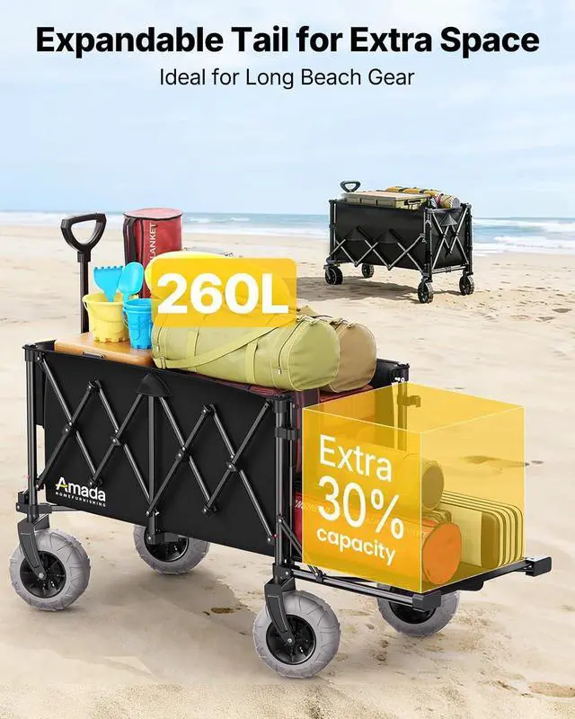 Alt view image 3 of 7 - Beach Wagon with Big Wheels for Sand, 260L Capacity, Heavy Duty All-Terrain Folding Wagon with Expandable Rear, Durable Carbon Steel Frame & Big 8.3" Wheels for Beach, Outdoor & Camping Activities