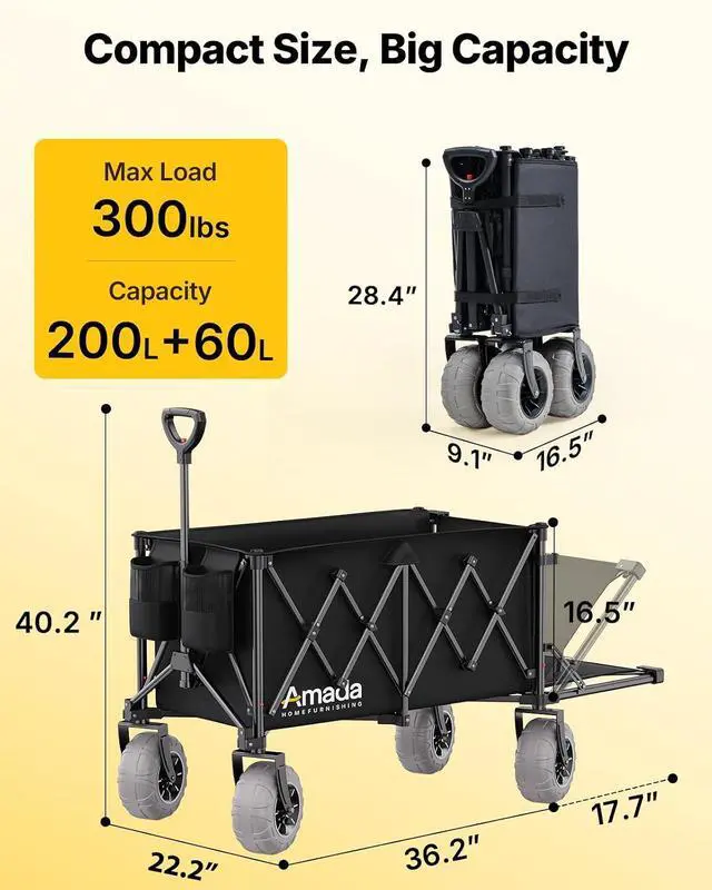 Alt view image 6 of 7 - Beach Wagon with Big Wheels for Sand, 260L Capacity, Heavy Duty All-Terrain Folding Wagon with Expandable Rear, Durable Carbon Steel Frame & Big 8.3" Wheels for Beach, Outdoor & Camping Activities