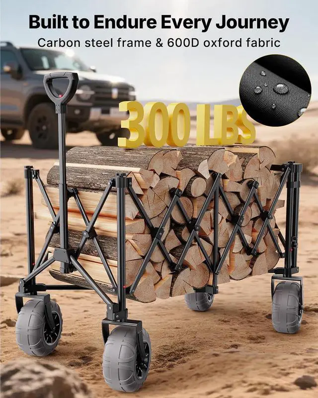 Alt view image 5 of 7 - Beach Wagon with Big Wheels for Sand, 260L Capacity, Heavy Duty All-Terrain Folding Wagon with Expandable Rear, Durable Carbon Steel Frame & Big 8.3" Wheels for Beach, Outdoor & Camping Activities