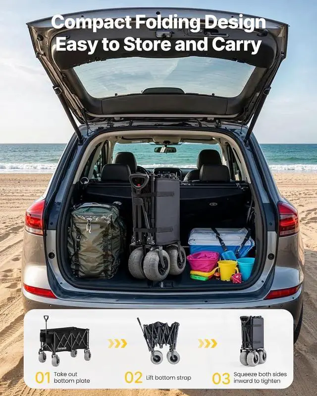 Alt view image 7 of 7 - Beach Wagon with Big Wheels for Sand, 260L Capacity, Heavy Duty All-Terrain Folding Wagon with Expandable Rear, Durable Carbon Steel Frame & Big 8.3" Wheels for Beach, Outdoor & Camping Activities