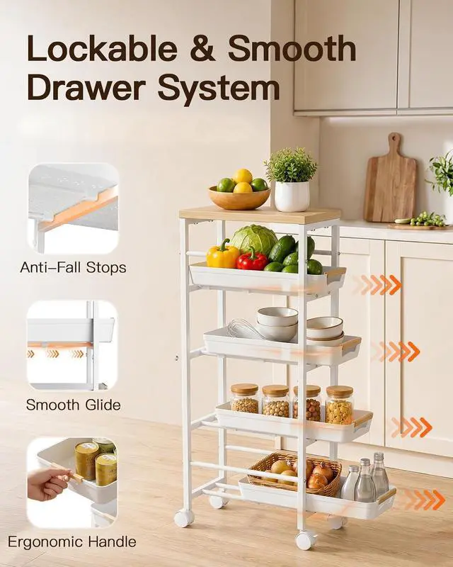 Alt view image 2 of 7 - Pipishell Slim Rolling Storage Cart with Drawers & Lockable Wheels, 5 Tier Kitchen Cart with Safety Stops & Vented Design, Wood Top, Pull-Out Utility Cart for Kitchen, Bathroom, Laundry Room, White