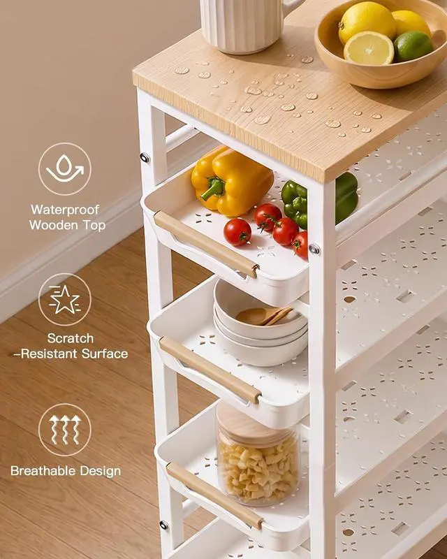 Alt view image 3 of 7 - Pipishell Slim Rolling Storage Cart with Drawers & Lockable Wheels, 5 Tier Kitchen Cart with Safety Stops & Vented Design, Wood Top, Pull-Out Utility Cart for Kitchen, Bathroom, Laundry Room, White