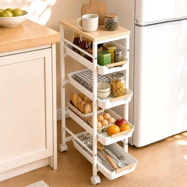 Main image of Pipishell Slim Rolling Storage Cart with Drawers & Lockable Wheels, 5 Tier Kitchen Cart with Safety Stops & Vented Design, Wood Top, Pull-Out Utility Cart for Kitchen, Bathroom, Laundry Room, White