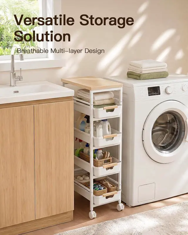 Alt view image 4 of 7 - Pipishell Slim Rolling Storage Cart with Drawers & Lockable Wheels, 5 Tier Kitchen Cart with Safety Stops & Vented Design, Wood Top, Pull-Out Utility Cart for Kitchen, Bathroom, Laundry Room, White