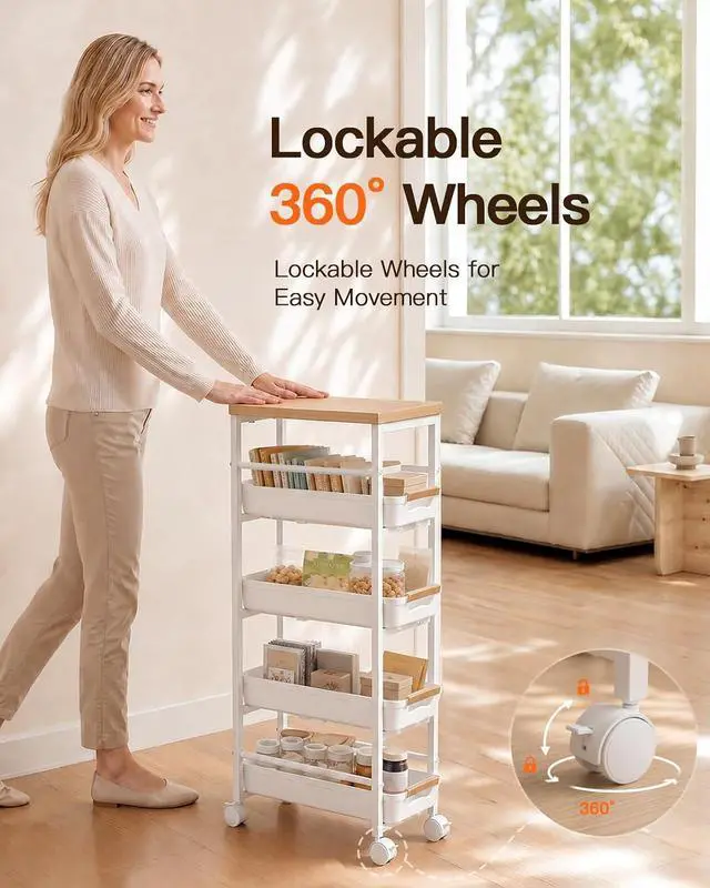 Alt view image 5 of 7 - Pipishell Slim Rolling Storage Cart with Drawers & Lockable Wheels, 5 Tier Kitchen Cart with Safety Stops & Vented Design, Wood Top, Pull-Out Utility Cart for Kitchen, Bathroom, Laundry Room, White