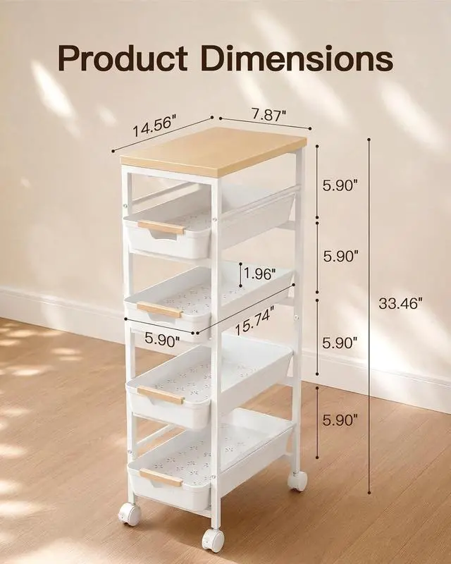 Alt view image 6 of 7 - Pipishell Slim Rolling Storage Cart with Drawers & Lockable Wheels, 5 Tier Kitchen Cart with Safety Stops & Vented Design, Wood Top, Pull-Out Utility Cart for Kitchen, Bathroom, Laundry Room, White