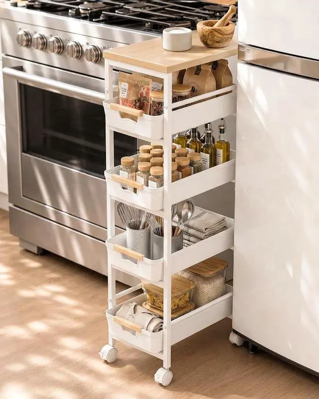 Alt view image 7 of 7 - Pipishell Slim Rolling Storage Cart with Drawers & Lockable Wheels, 5 Tier Kitchen Cart with Safety Stops & Vented Design, Wood Top, Pull-Out Utility Cart for Kitchen, Bathroom, Laundry Room, White