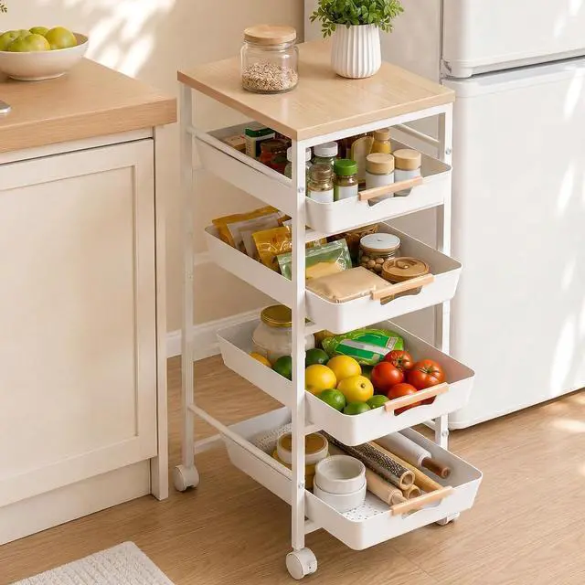 Main image of Pipishell Large Rolling Storage Cart with Drawers & Lockable Wheels, 5 Tier Kitchen Cart with Safety Stops & Vented Design, Wood Top, Pull-Out Utility Cart for Kitchen, Home Office, Bedside, White
