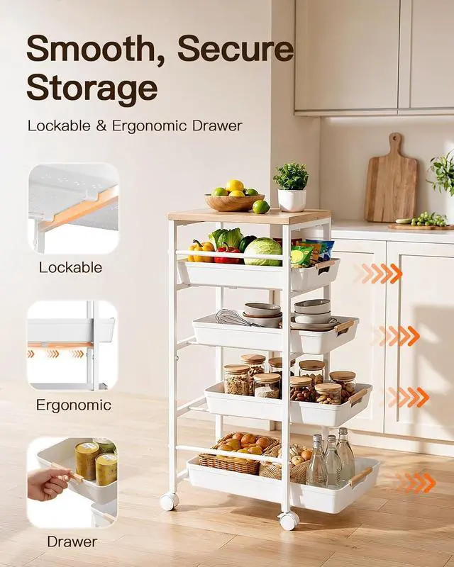 Alt view image 2 of 7 - Pipishell Large Rolling Storage Cart with Drawers & Lockable Wheels, 5 Tier Kitchen Cart with Safety Stops & Vented Design, Wood Top, Pull-Out Utility Cart for Kitchen, Home Office, Bedside, White