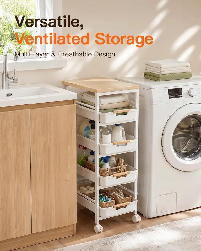 Alt view image 3 of 7 - Pipishell Large Rolling Storage Cart with Drawers & Lockable Wheels, 5 Tier Kitchen Cart with Safety Stops & Vented Design, Wood Top, Pull-Out Utility Cart for Kitchen, Home Office, Bedside, White