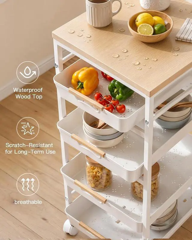 Alt view image 4 of 7 - Pipishell Large Rolling Storage Cart with Drawers & Lockable Wheels, 5 Tier Kitchen Cart with Safety Stops & Vented Design, Wood Top, Pull-Out Utility Cart for Kitchen, Home Office, Bedside, White