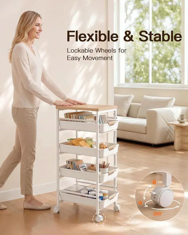 Alt view image 5 of 7 - Pipishell Large Rolling Storage Cart with Drawers & Lockable Wheels, 5 Tier Kitchen Cart with Safety Stops & Vented Design, Wood Top, Pull-Out Utility Cart for Kitchen, Home Office, Bedside, White