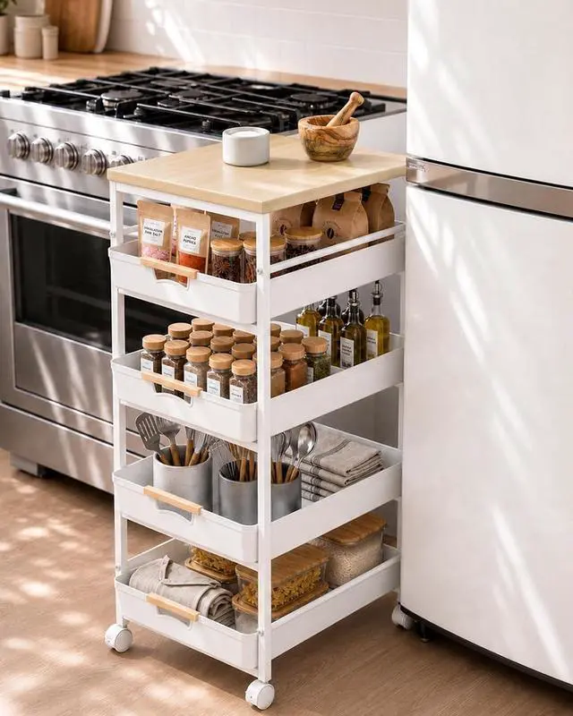 Alt view image 7 of 7 - Pipishell Large Rolling Storage Cart with Drawers & Lockable Wheels, 5 Tier Kitchen Cart with Safety Stops & Vented Design, Wood Top, Pull-Out Utility Cart for Kitchen, Home Office, Bedside, White