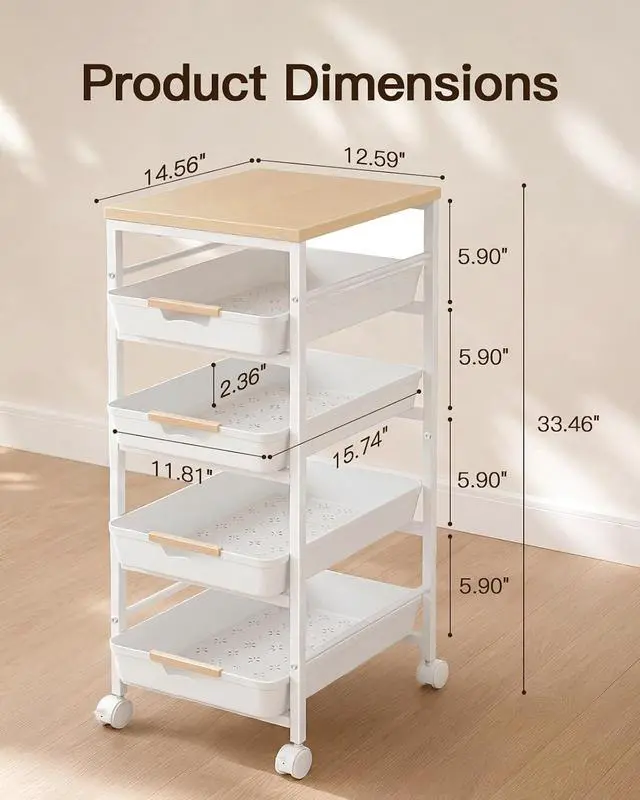 Alt view image 6 of 7 - Pipishell Large Rolling Storage Cart with Drawers & Lockable Wheels, 5 Tier Kitchen Cart with Safety Stops & Vented Design, Wood Top, Pull-Out Utility Cart for Kitchen, Home Office, Bedside, White