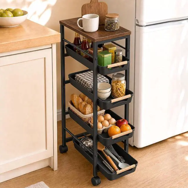 Main image of Pipishell Slim Rolling Storage Cart with Drawers & Lockable Wheels, 5 Tier Kitchen Cart with Safety Stops & Vented Design, Wood Top, Pull-Out Utility Cart for Kitchen, Bathroom, Laundry Room, Black