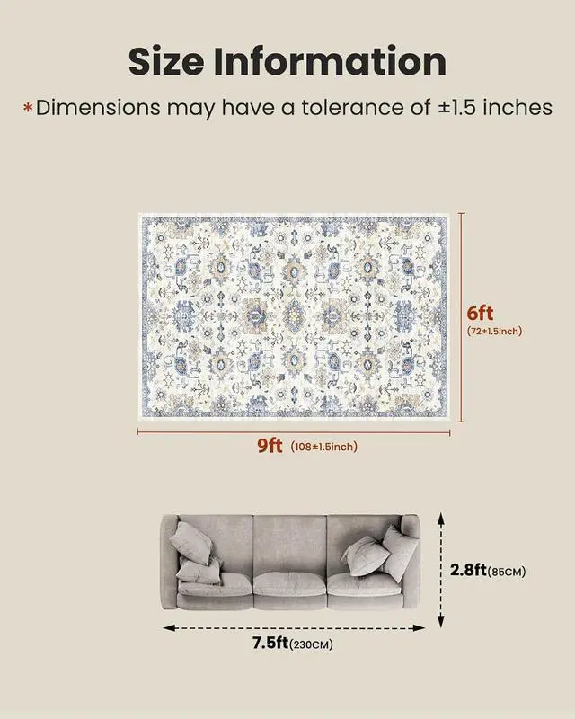 Alt view image 2 of 7 - AMADA HOMEFURNISHING 6x9 Area Rugs, Blue Low-Profile Washable Rug with Non-Slip Backing & Durable Edge Binding, Vintage Rugs for Living Room, Bedroom, Dining Room