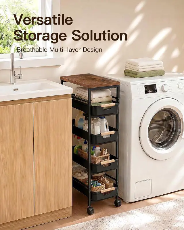 Alt view image 4 of 7 - Pipishell Slim Rolling Storage Cart with Drawers & Lockable Wheels, 5 Tier Kitchen Cart with Safety Stops & Vented Design, Wood Top, Pull-Out Utility Cart for Kitchen, Bathroom, Laundry Room, Black