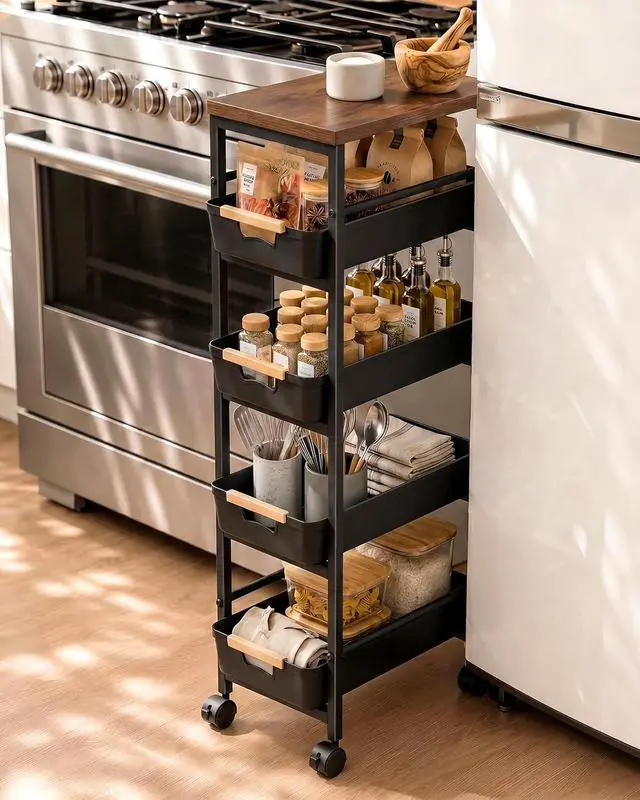 Alt view image 7 of 7 - Pipishell Slim Rolling Storage Cart with Drawers & Lockable Wheels, 5 Tier Kitchen Cart with Safety Stops & Vented Design, Wood Top, Pull-Out Utility Cart for Kitchen, Bathroom, Laundry Room, Black