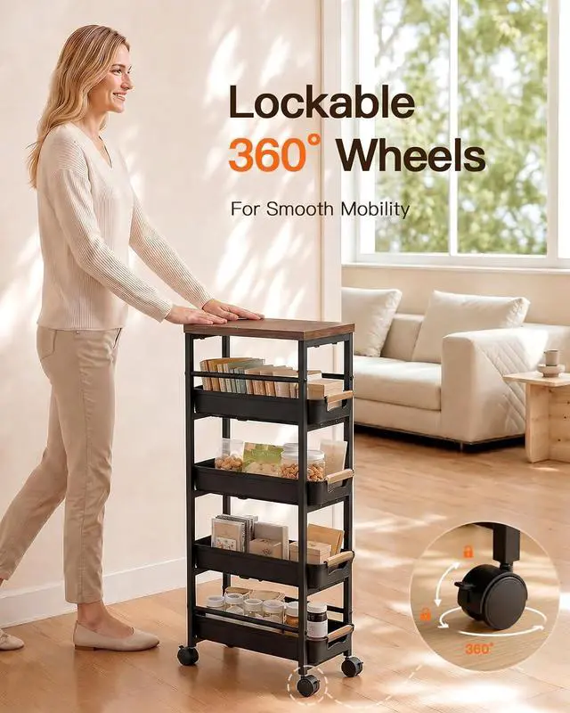 Alt view image 5 of 7 - Pipishell Slim Rolling Storage Cart with Drawers & Lockable Wheels, 5 Tier Kitchen Cart with Safety Stops & Vented Design, Wood Top, Pull-Out Utility Cart for Kitchen, Bathroom, Laundry Room, Black