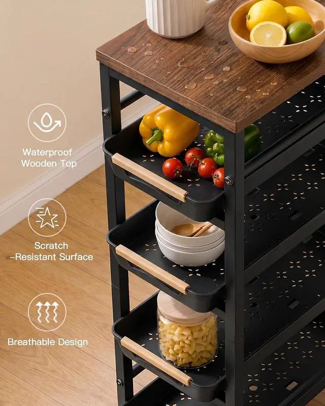 Alt view image 3 of 7 - Pipishell Slim Rolling Storage Cart with Drawers & Lockable Wheels, 5 Tier Kitchen Cart with Safety Stops & Vented Design, Wood Top, Pull-Out Utility Cart for Kitchen, Bathroom, Laundry Room, Black