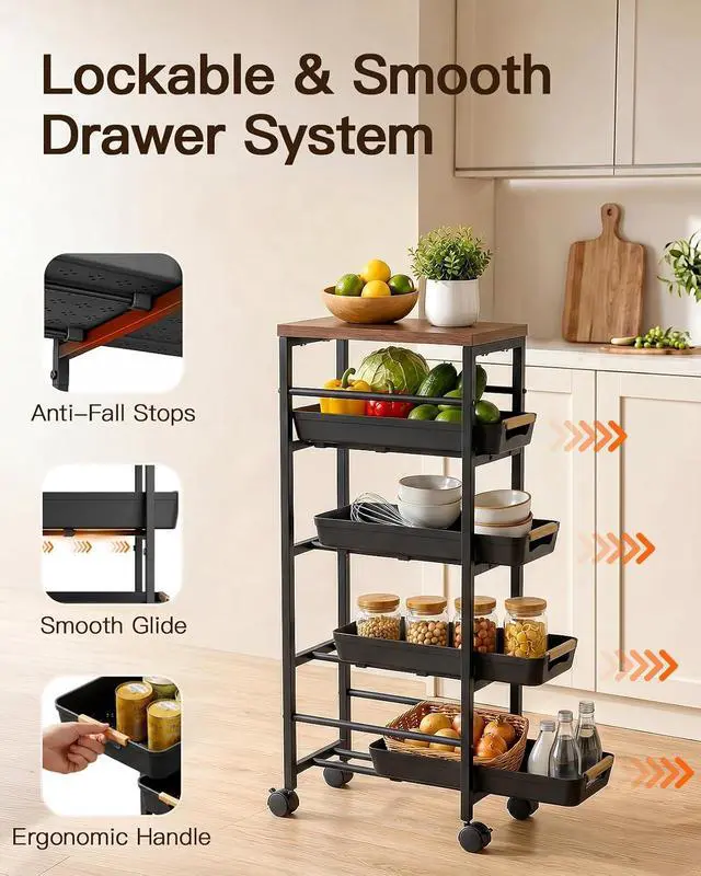 Alt view image 2 of 7 - Pipishell Slim Rolling Storage Cart with Drawers & Lockable Wheels, 5 Tier Kitchen Cart with Safety Stops & Vented Design, Wood Top, Pull-Out Utility Cart for Kitchen, Bathroom, Laundry Room, Black