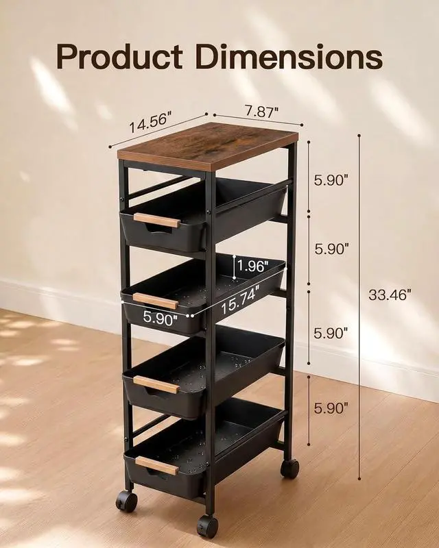 Alt view image 6 of 7 - Pipishell Slim Rolling Storage Cart with Drawers & Lockable Wheels, 5 Tier Kitchen Cart with Safety Stops & Vented Design, Wood Top, Pull-Out Utility Cart for Kitchen, Bathroom, Laundry Room, Black