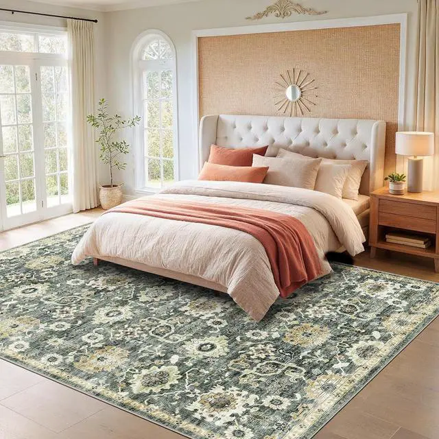 Alt view image 3 of 7 - AMADA HOMEFURNISHING 9x12 Washable Area Rug, Low-Profile Large Area Rug with Non-Slip Backing & Durable Edge Binding, Vintage Large Rugs for Living Room, Bedroom & Dining Room