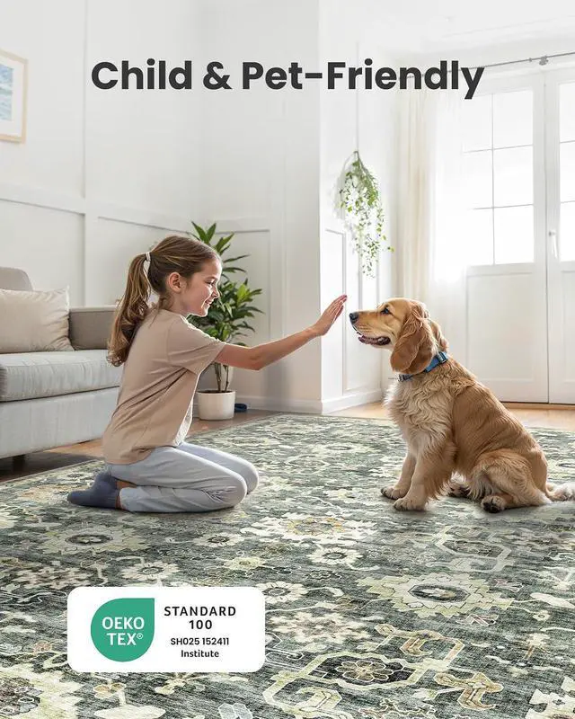 Alt view image 4 of 7 - AMADA HOMEFURNISHING 9x12 Washable Area Rug, Low-Profile Large Area Rug with Non-Slip Backing & Durable Edge Binding, Vintage Large Rugs for Living Room, Bedroom & Dining Room
