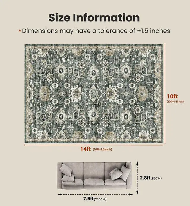 Alt view image 2 of 7 - AMADA HOMEFURNISHING 10x14 Washable Area Rug, Low-Profile Large Area Rug with Non-Slip Backing & Durable Edge Binding, Vintage Large Rugs for Living Room, Bedroom & Dining Room