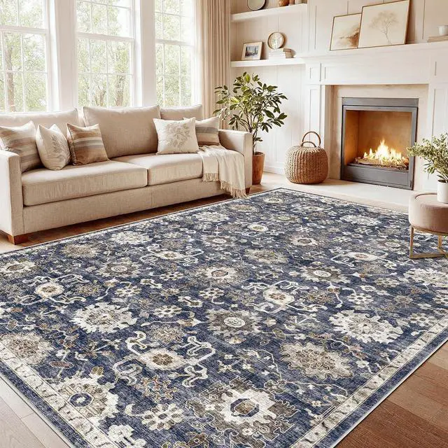 Main image of AMADA HOMEFURNISHING 8x10 Washable Area Rug, Low-Profile Large Area Rug with Non-Slip Backing & Durable Edge Binding, Vintage Large Rugs for Living Room, Bedroom, Dinning Room
