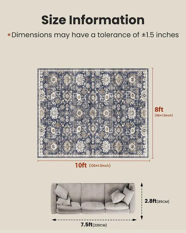 Alt view image 2 of 7 - AMADA HOMEFURNISHING 8x10 Washable Area Rug, Low-Profile Large Area Rug with Non-Slip Backing & Durable Edge Binding, Vintage Large Rugs for Living Room, Bedroom, Dinning Room