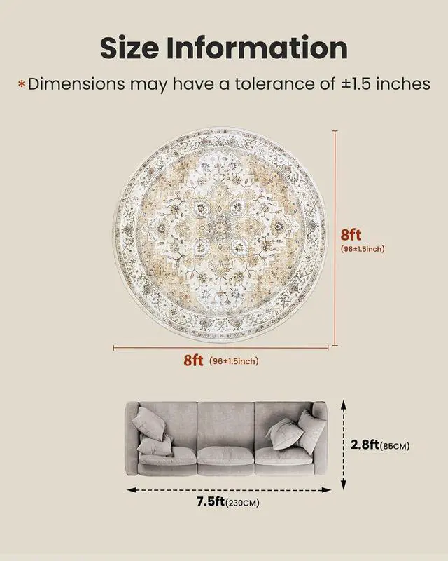 Alt view image 2 of 7 - AMADA HOMEFURNISHING Round 8ft Area Rugs, Low-Profile Washable Rug with Non-Slip Backing & Durable Edge Binding, Vintage Rugs for Living Room, Bedroom, Dinning Room