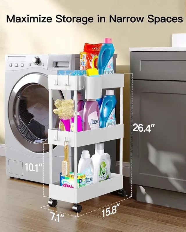 Alt view image 2 of 7 - Pipishell Slim Storage Cart with Wheels, Bathroom Cart Organizer Storage Small, Rolling Carts for Bathroom, Laundry Room, Kitchen, Narrow Space, White PIUC04W