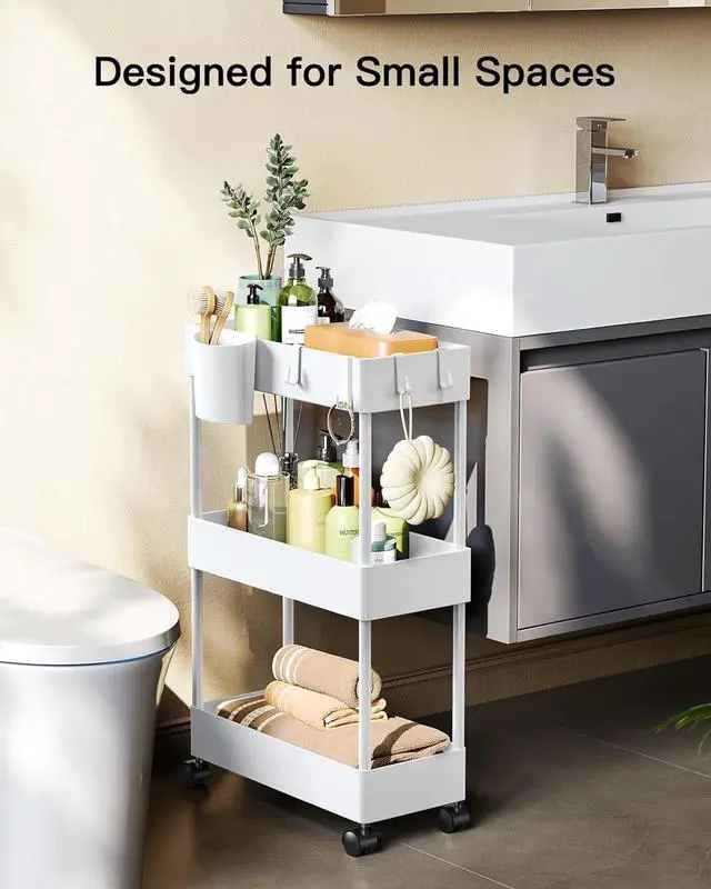 Alt view image 3 of 7 - Pipishell Slim Storage Cart with Wheels, Bathroom Cart Organizer Storage Small, Rolling Carts for Bathroom, Laundry Room, Kitchen, Narrow Space, White PIUC04W