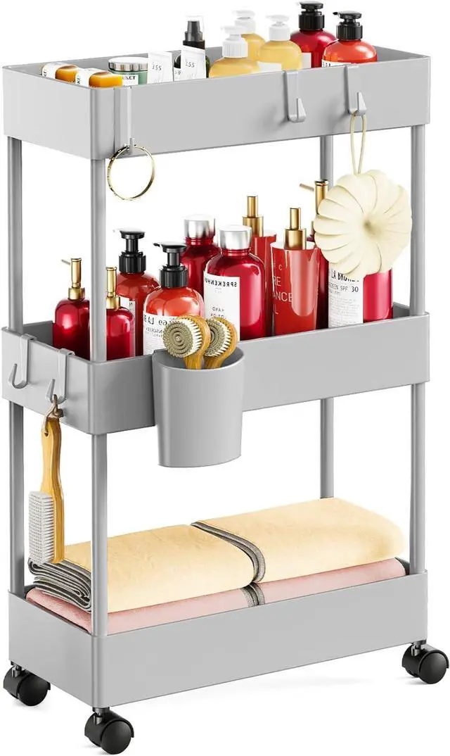 Main image of Pipishell Slim Storage Cart with Wheels - 3 Tier Bathroom Organizers and Storage Cart - Rolling Carts for Bathroom, Kitchen, Narrow Space, Laundry Room,Gray