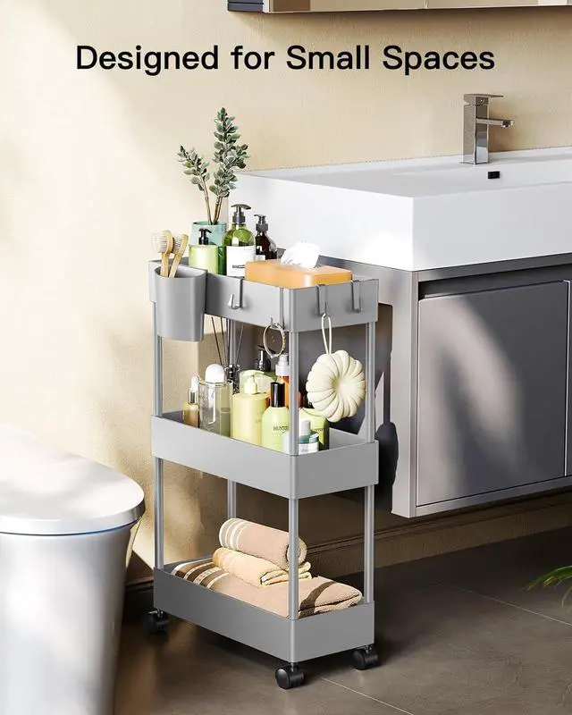 Alt view image 3 of 7 - Pipishell Slim Storage Cart with Wheels - 3 Tier Bathroom Organizers and Storage Cart - Rolling Carts for Bathroom, Kitchen, Narrow Space, Laundry Room,Gray