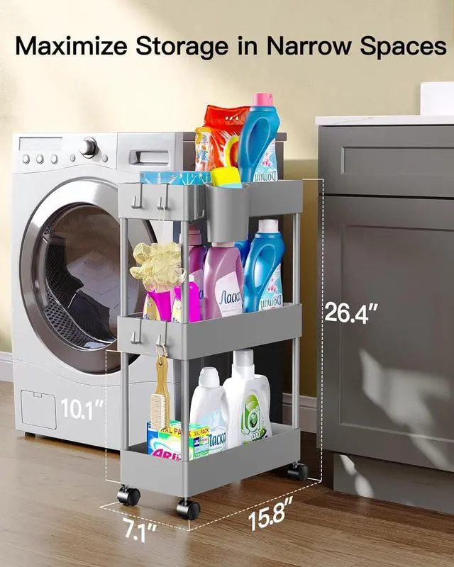 Alt view image 2 of 7 - Pipishell Slim Storage Cart with Wheels - 3 Tier Bathroom Organizers and Storage Cart - Rolling Carts for Bathroom, Kitchen, Narrow Space, Laundry Room,Gray