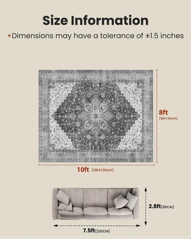 Alt view image 2 of 7 - AMADA HOMEFURNISHING 8x10 Area Rugs, Low-Profile Large Washable Area Rug with Non-Slip Backing & Durable Edge Binding, Vintage Rugs for Living Room, Bedroom, Dinning Room