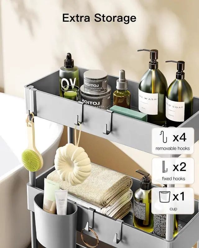Alt view image 5 of 7 - Pipishell Slim Storage Cart with Wheels - 3 Tier Bathroom Organizers and Storage Cart - Rolling Carts for Bathroom, Kitchen, Narrow Space, Laundry Room,Gray