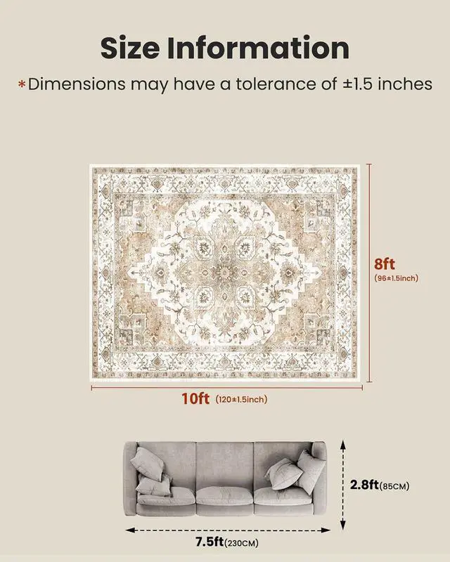 Alt view image 2 of 7 - Amada 8x10 Area Rugs, Low-Profile Large Washable Area Rug with Non-Slip Backing & Durable Edge Binding, Vintage Rugs for Living Room, Bedroom, Dinning Room