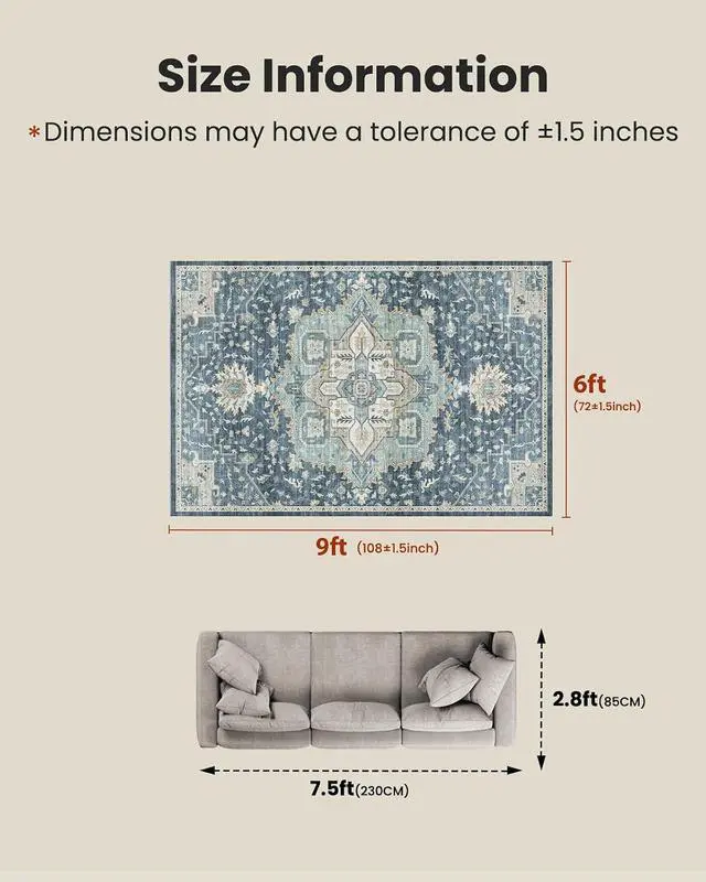 Alt view image 2 of 7 - AMADA HOMEFURNISHING Washable Area Rugs, Low-Profile Washable Rug with Non-Slip Backing & Durable Edge Binding, Vintage Rugs for Living Room, Bedroom, Dinning Room (6x9, Blue/Yellow)