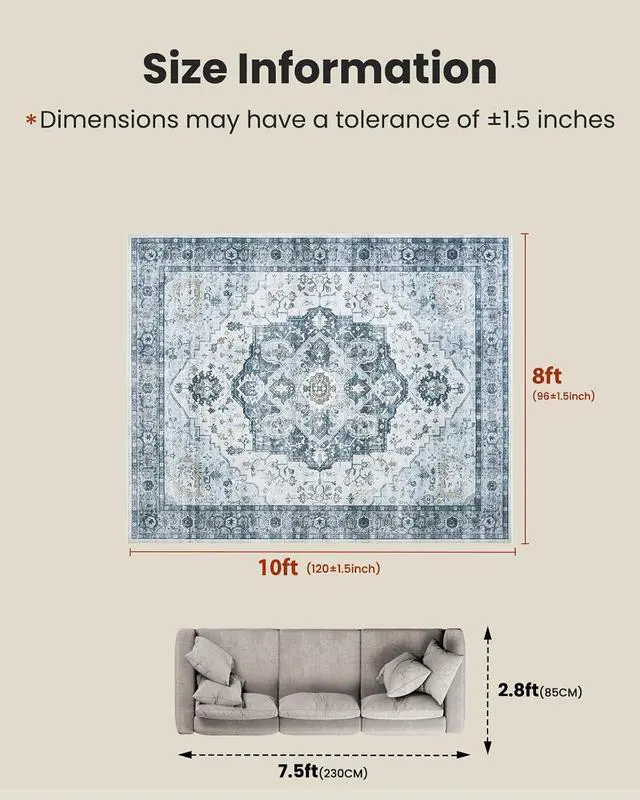 Alt view image 2 of 7 - AMADA HOMEFURNISHING 8x10 Area Rug, Washable Low-Profile Large Area Rug with Non-Slip Backing & Durable Edge Binding, Vintage Large Rugs for Living Room, Bedroom