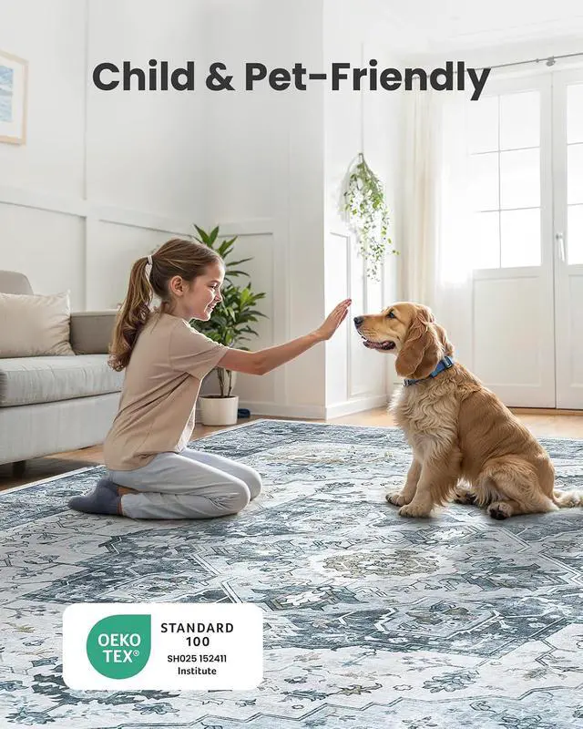 Alt view image 4 of 7 - AMADA HOMEFURNISHING 8x10 Area Rug, Washable Low-Profile Large Area Rug with Non-Slip Backing & Durable Edge Binding, Vintage Large Rugs for Living Room, Bedroom