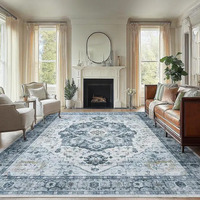 Main image of AMADA HOMEFURNISHING 8x10 Area Rug, Washable Low-Profile Large Area Rug with Non-Slip Backing & Durable Edge Binding, Vintage Large Rugs for Living Room, Bedroom