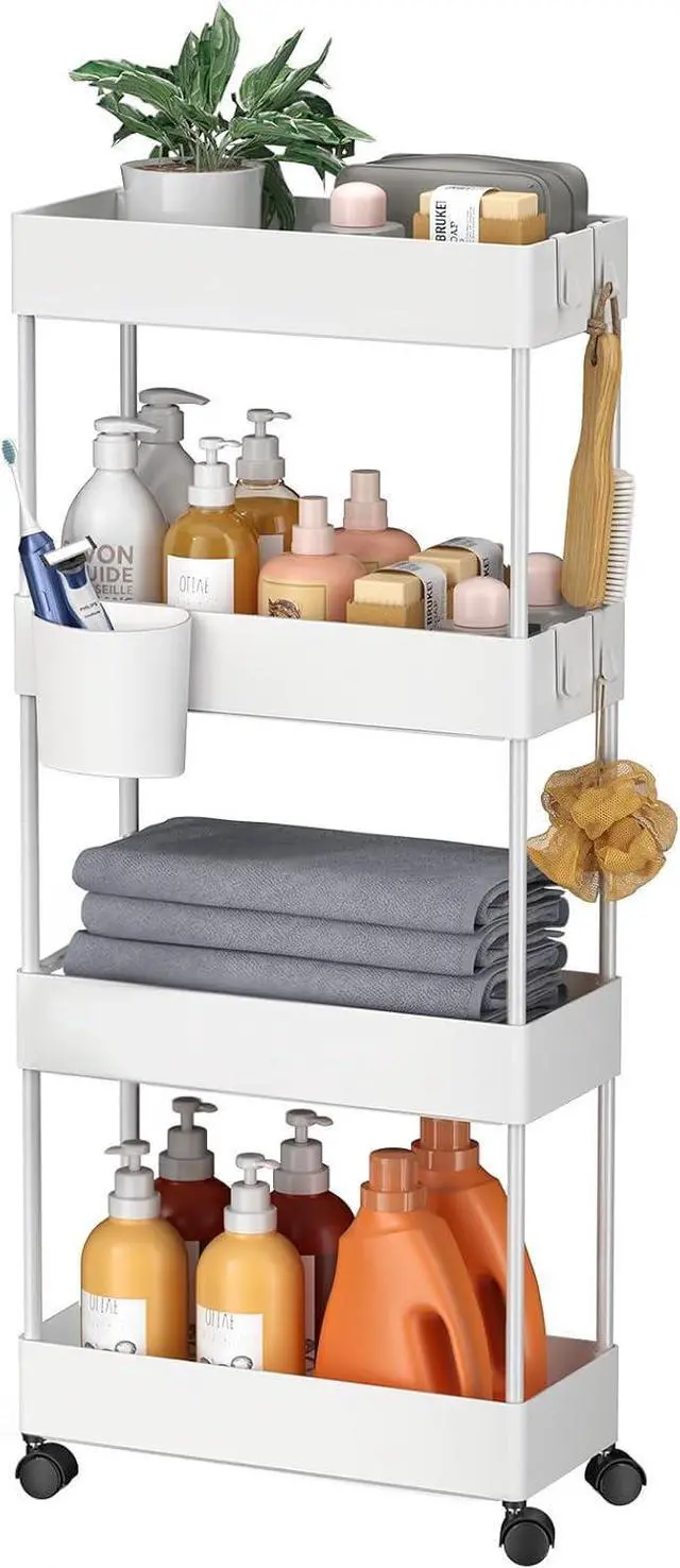 Main image of Pipishell Slim Storage Cart with Wheels, 4 Tier Bathroom Storage Organizer Rolling Utility Cart for Bathroom Kitchen Laundry Room Office Narrow Place (White)