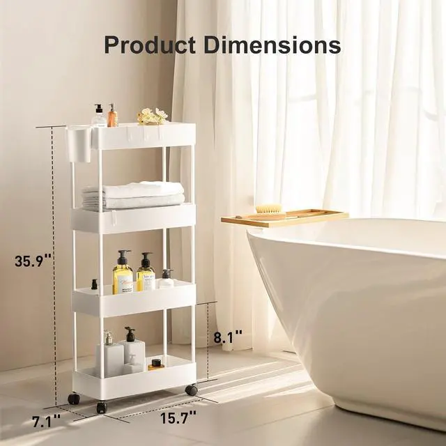 Alt view image 2 of 7 - Pipishell Slim Storage Cart with Wheels, 4 Tier Bathroom Storage Organizer Rolling Utility Cart for Bathroom Kitchen Laundry Room Office Narrow Place (White)