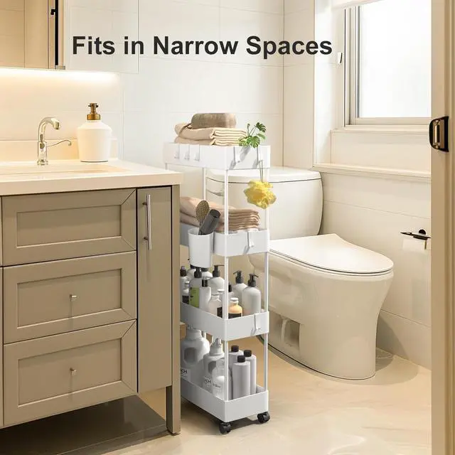 Alt view image 3 of 7 - Pipishell Slim Storage Cart with Wheels, 4 Tier Bathroom Storage Organizer Rolling Utility Cart for Bathroom Kitchen Laundry Room Office Narrow Place (White)