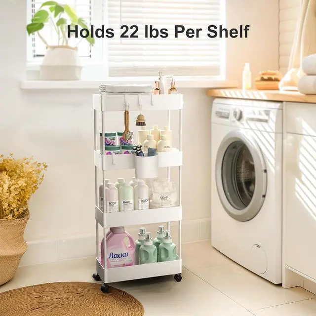 Alt view image 4 of 7 - Pipishell Slim Storage Cart with Wheels, 4 Tier Bathroom Storage Organizer Rolling Utility Cart for Bathroom Kitchen Laundry Room Office Narrow Place (White)